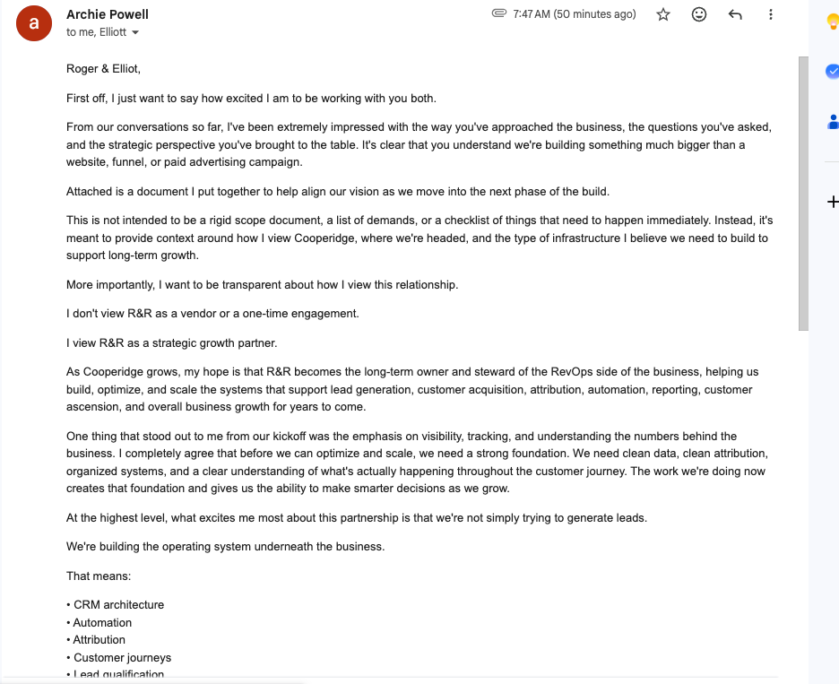 Client email describing R&R Development as a strategic growth partner