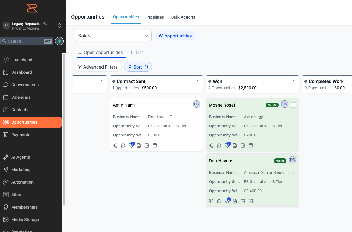 CRM opportunity pipeline displaying 61 sales opportunities